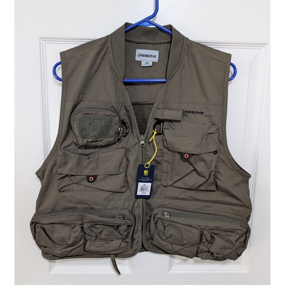 Jawbone Mens Fishing Vest Olive Green Multi Pocket Mesh Back Utility Vest Small
